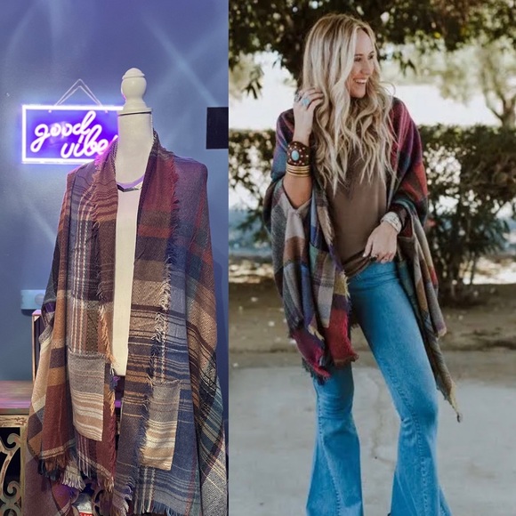 Three Bird Nest Accessories - New Three Bird nest Plaid Multicolored Pocket Ruana